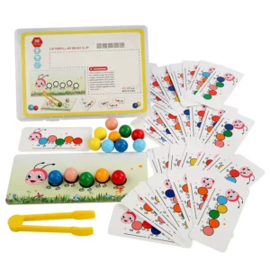 Jeu de perles à clip Montessori en bois – Motricité fine et coordination main-œil (cartes incluses)