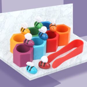 Jeu de tri des abeilles en bois – Motricité fine et couleurs Montessori (avec pince)